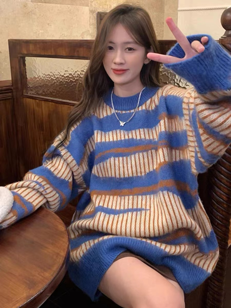 High-end mohair striped pullover sweater for women in autumn and winter 2023 new style lazy style retro loose top jacket