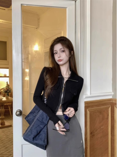 Double zipper long-sleeved T-shirt for women in autumn new slim fit casual fashion bottoming POLO shirt