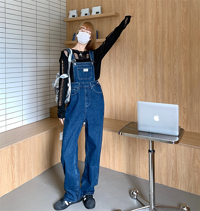 ~Real shot of high-waisted denim overalls for women in autumn retro loose straight straight wide-leg floor-length mopping pants