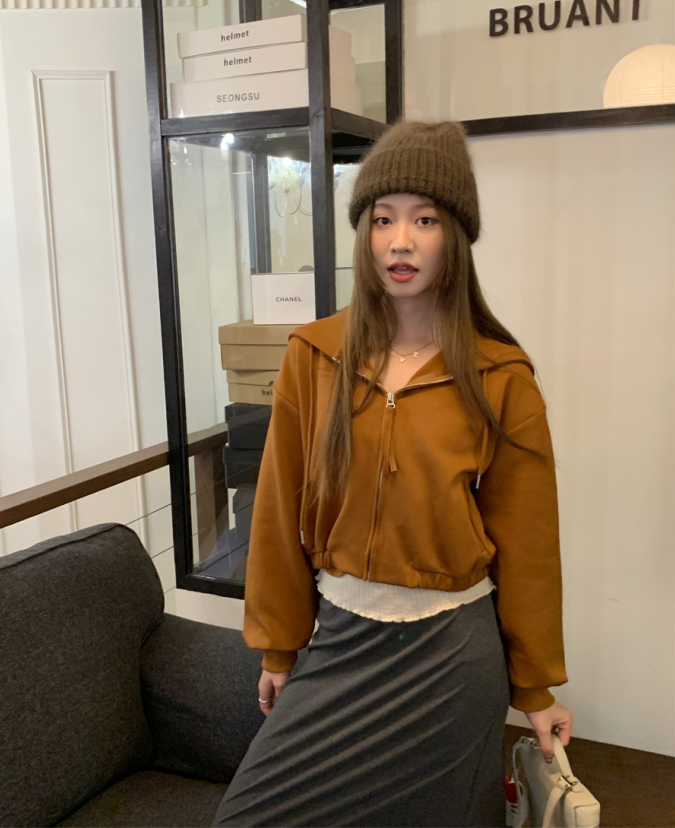 實拍！美式復古簡約休閒百搭連帽衛衣設計感口袋短款外套女
