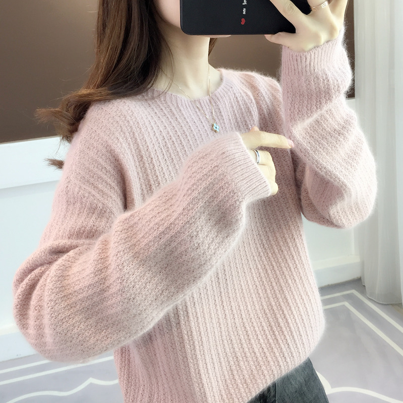 外穿打底毛衣女士2023春秋新款韓版寬鬆紫色圓領套頭針織衫上衣