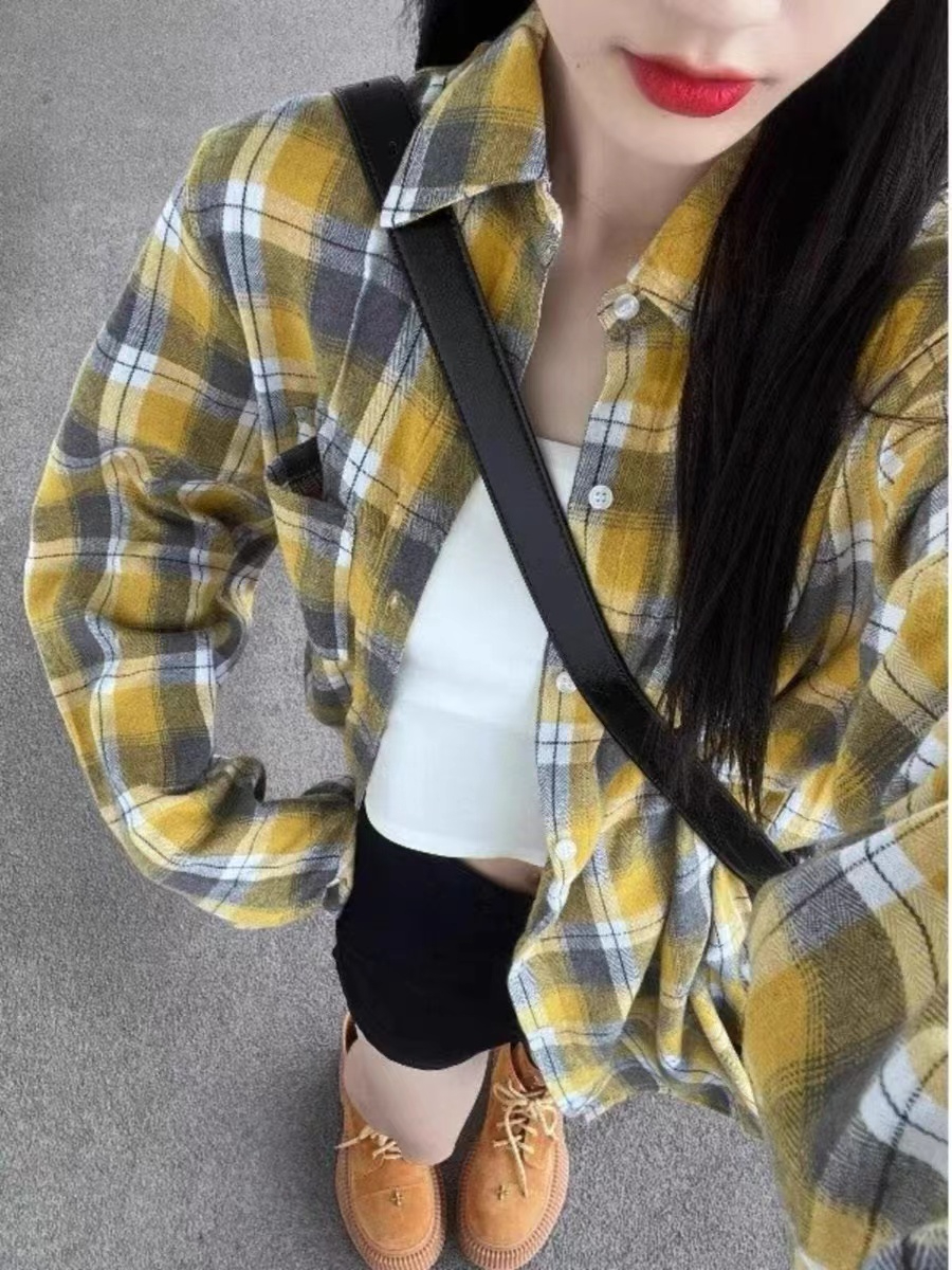 2023秋冬新款日系撞色格子襯衫外套女小眾獨特設計感寬鬆開衫上衣