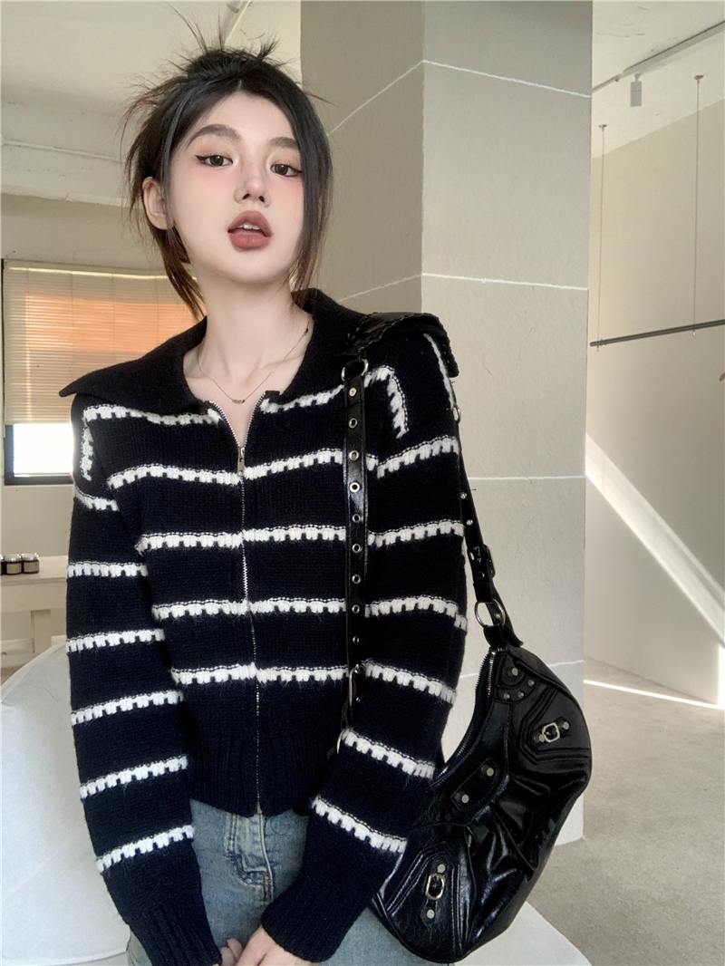 實拍 韓版chic撞色條紋針織開衫女韓版小個子翻領毛衣外套