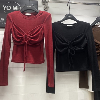South Korea's Dongdaemun ins solid color pit rib multi-wear pleated slimming two-piece long-sleeved T-shirt bottoming shirt