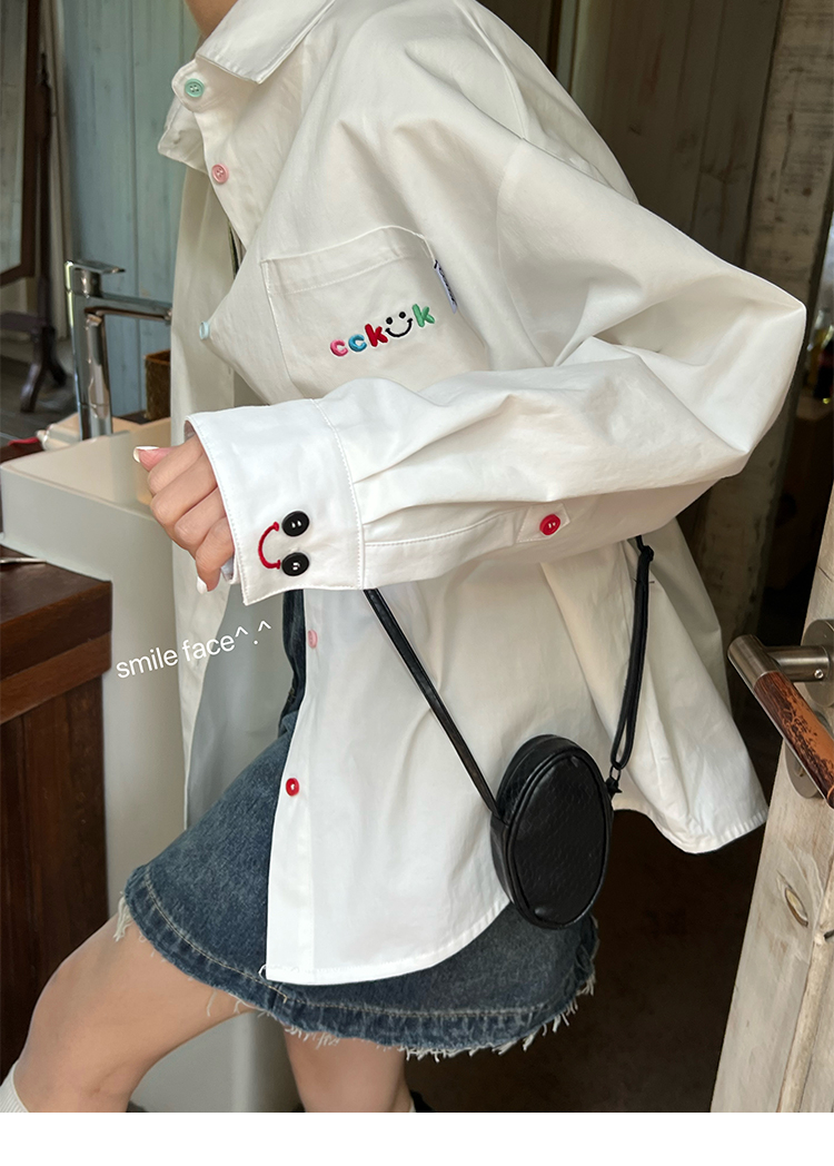 梳織面料笑臉繡花長袖襯衫