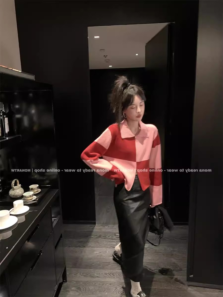 撞色棋盤格polo領毛衣女士寬鬆拉鏈設計感上衣元氣百搭時髦開衫
