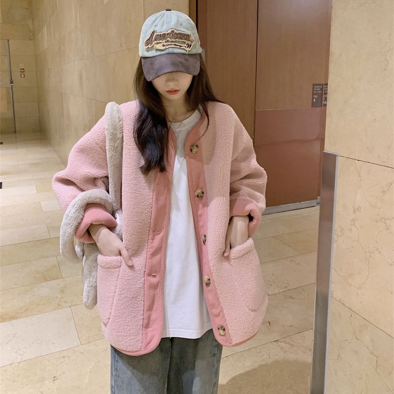 2023 winter velvet thickened cardigan long-sleeved casual loose simple contrasting color jacket retro small fragrant style jacket