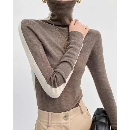 Contrast color turtleneck sweater for women in autumn and winter  new style thickened western style winter fur inner layer pile collar bottoming shirt