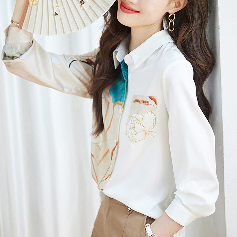 沫晗依美敦煌有禮系列國風女款23年春季女新款高級感印花拼接襯衫