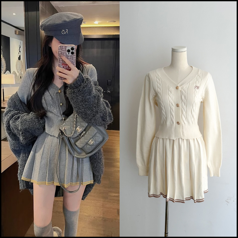 IN MIMIFACE College style knitted suit for women autumn new cardigan top pure desire pleated skirt two-piece set