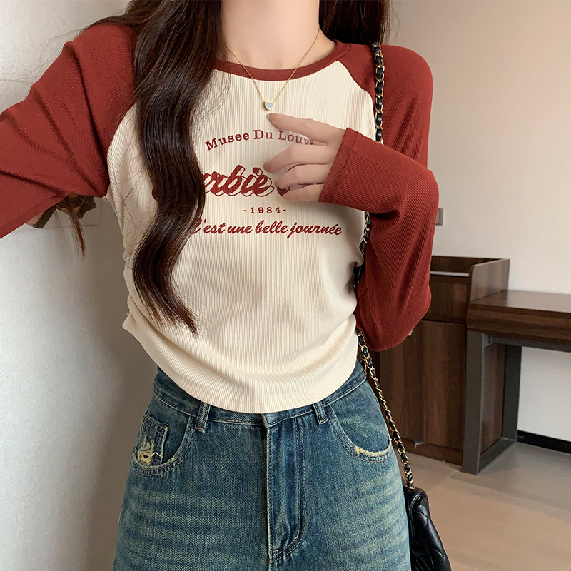 實拍美式復古長袖t恤女春秋季字母印花抽褶收腰修身短款上衣