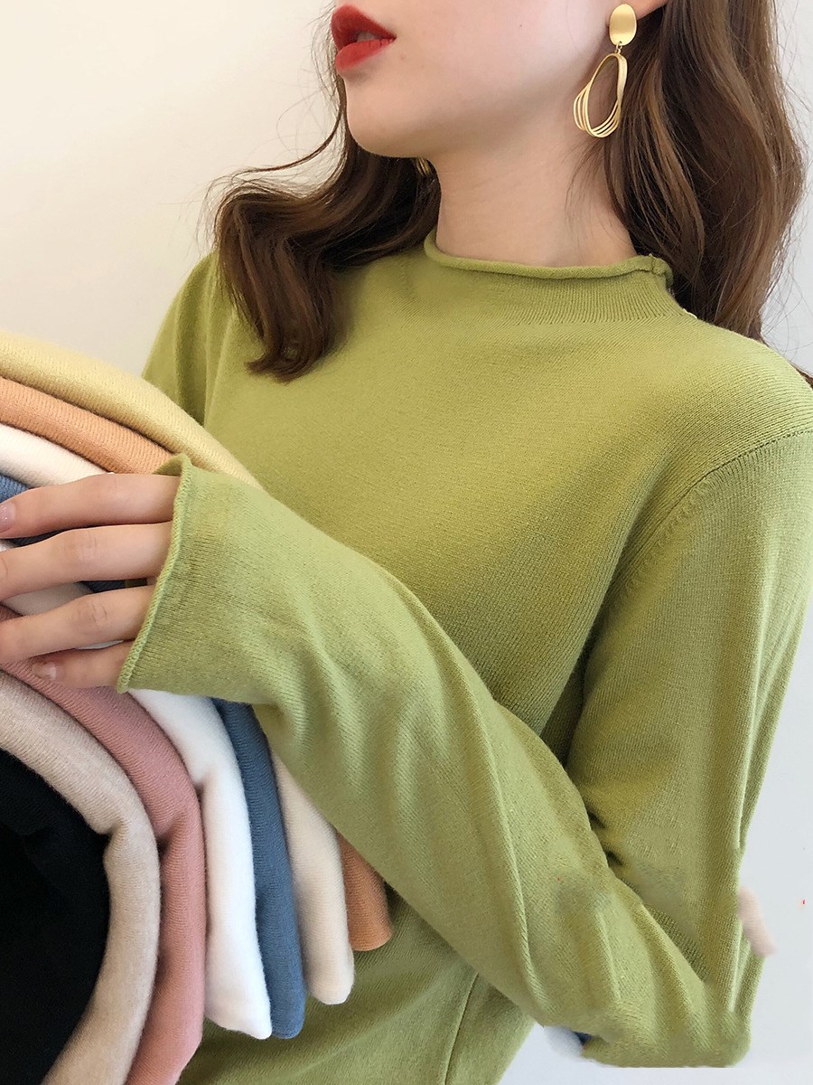 大版型綠毛衣女秋冬季內搭半高領打底衫寬鬆顯瘦外穿套頭針織衫潮