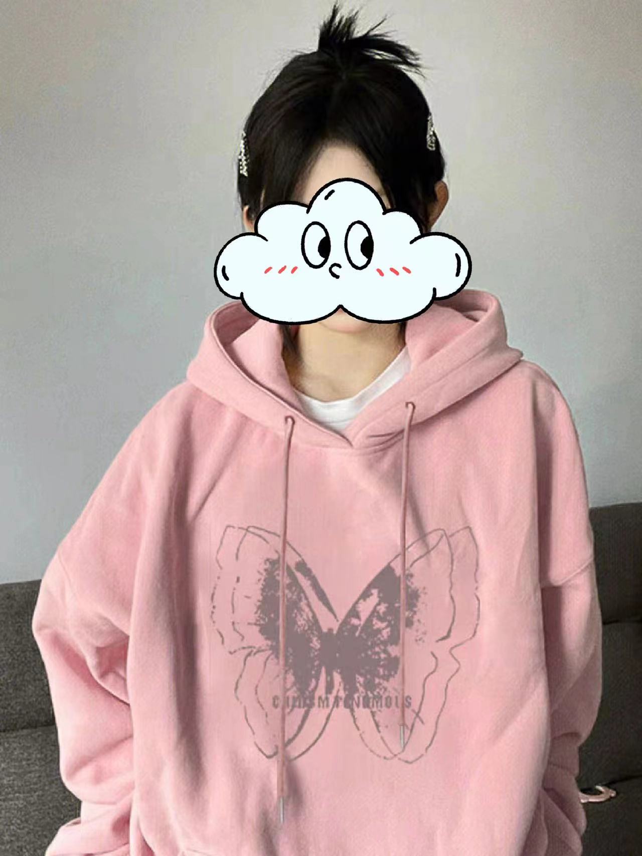 原版面料 加絨 美式慵懶風蝴蝶印花雙層連帽寬鬆百搭衛衣