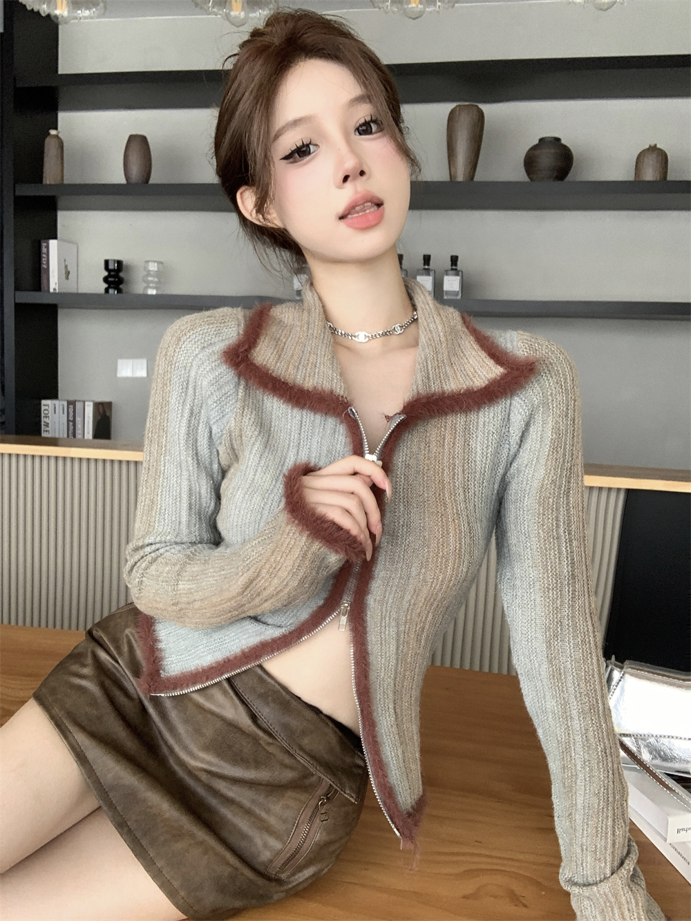 實拍~ 復古拼色雙拉鏈翻領漸變慵懶收腰顯瘦修身長袖針織開衫