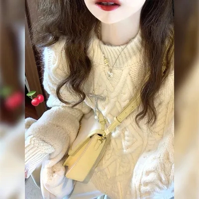 White knitted thickened sweater jacket for women autumn and winter 2023 new style lazy style soft and waxy inner layering shirt top