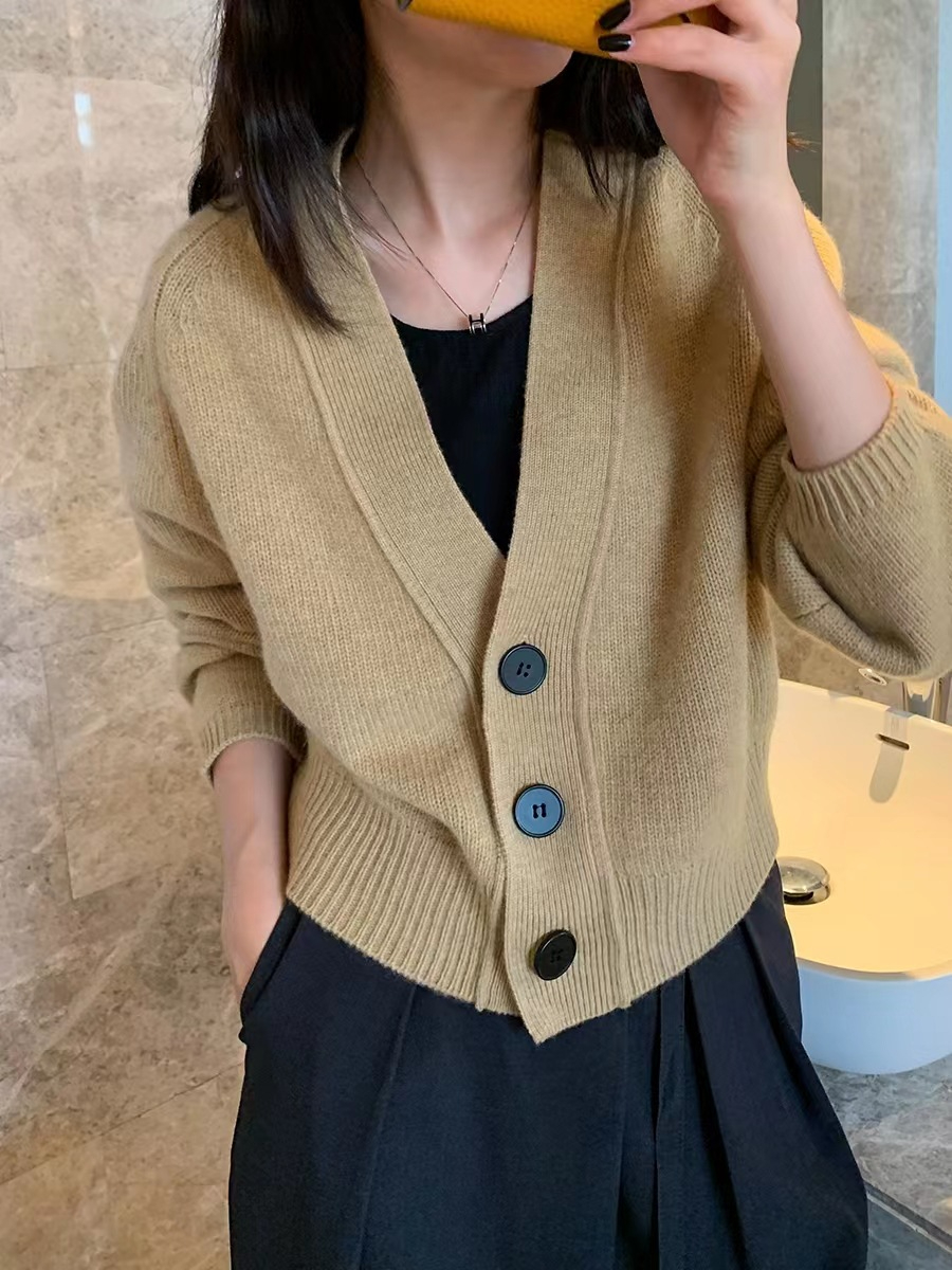 小香風針織衫春秋冬女式時尚寬鬆長袖女裝 V領短款開衫毛衣