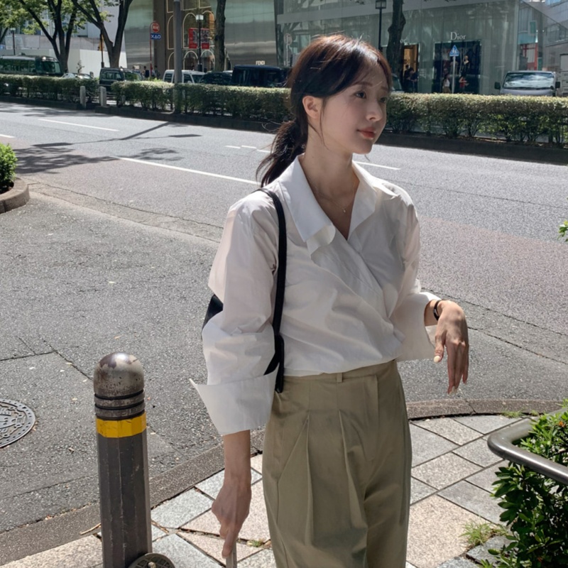 韓國chic復古小眾不規則設計感斜扣寬鬆休閒長袖襯衫上衣