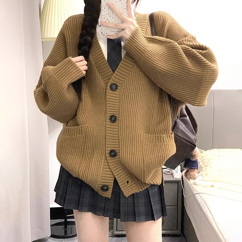 秋冬裝新款學院風大碼女裝大板型慵懶風寬鬆毛衣美式針織開衫外套