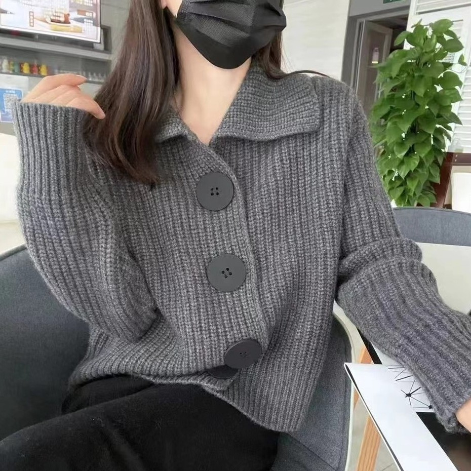 歐貨羊絨開衫女V領長袖寬鬆韓版時尚大扣翻領羊毛針織外套毛衣潮