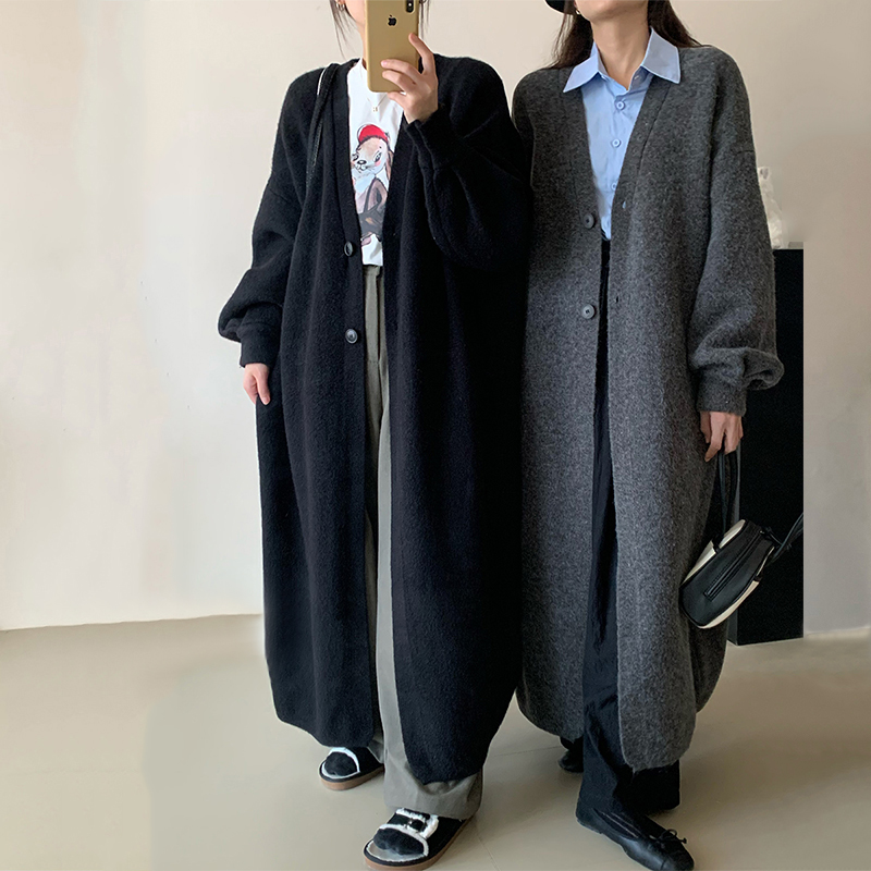 長款毛衣外套女慵懶風秋冬季寬鬆加厚氣質高級感純色針織開衫大衣