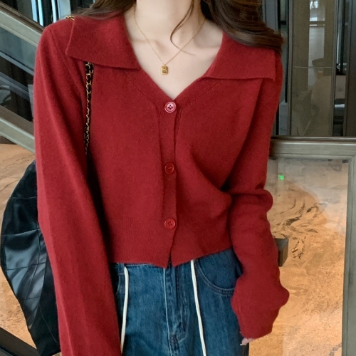 Red Sweater Jacket Knitted Cardigan Autumn Wear 2023 New Lapel High-end Western Top