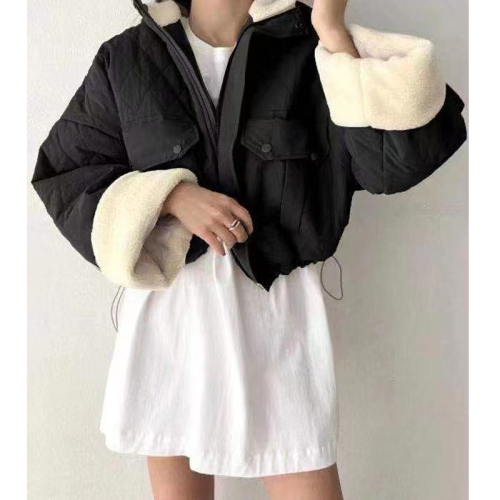 Korean chic niche thickened warm lambswool cotton coat loose temperament short cotton coat stand collar for women