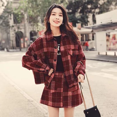歐洲站格子套裝女2023新款秋季時尚洋氣短裙外套氣質俏皮兩件套