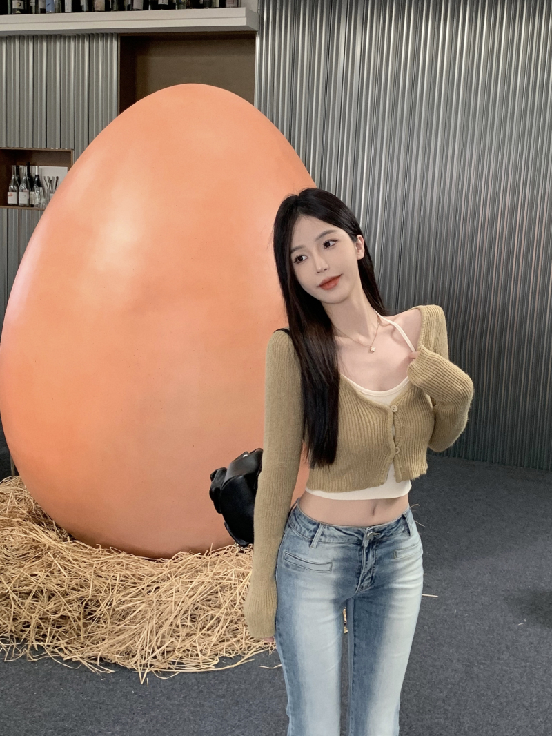 實拍 時尚毛針織開衫外套掛脖吊帶小個子短款高腰上衣兩件套