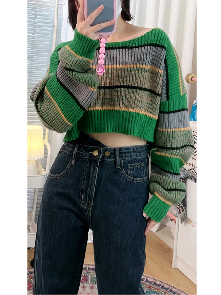 美式復古短款毛衣女2023春設計感小眾軟糯寬鬆撞色條紋長袖針織衫