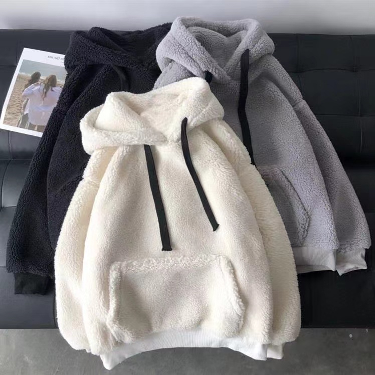 羊羔毛衛衣女秋冬ins韓版waitmore潮連帽加絨加厚寬鬆外套上衣服