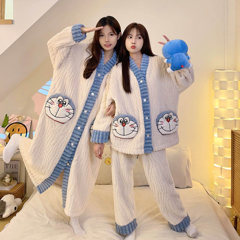 實拍秋冬季新款提花絨睡衣女可愛卡通家居服睡袍閨蜜套裝