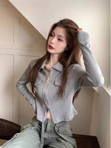 Double zipper long-sleeved T-shirt for women in autumn new slim fit casual fashion bottoming POLO shirt