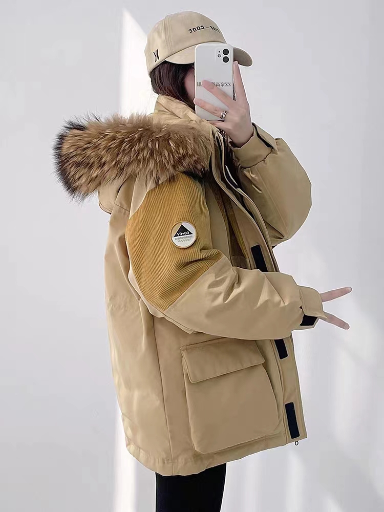Couple's workwear down jacket for women 2023 new mid-length genuine fur collar thickened pie jacket winter coat