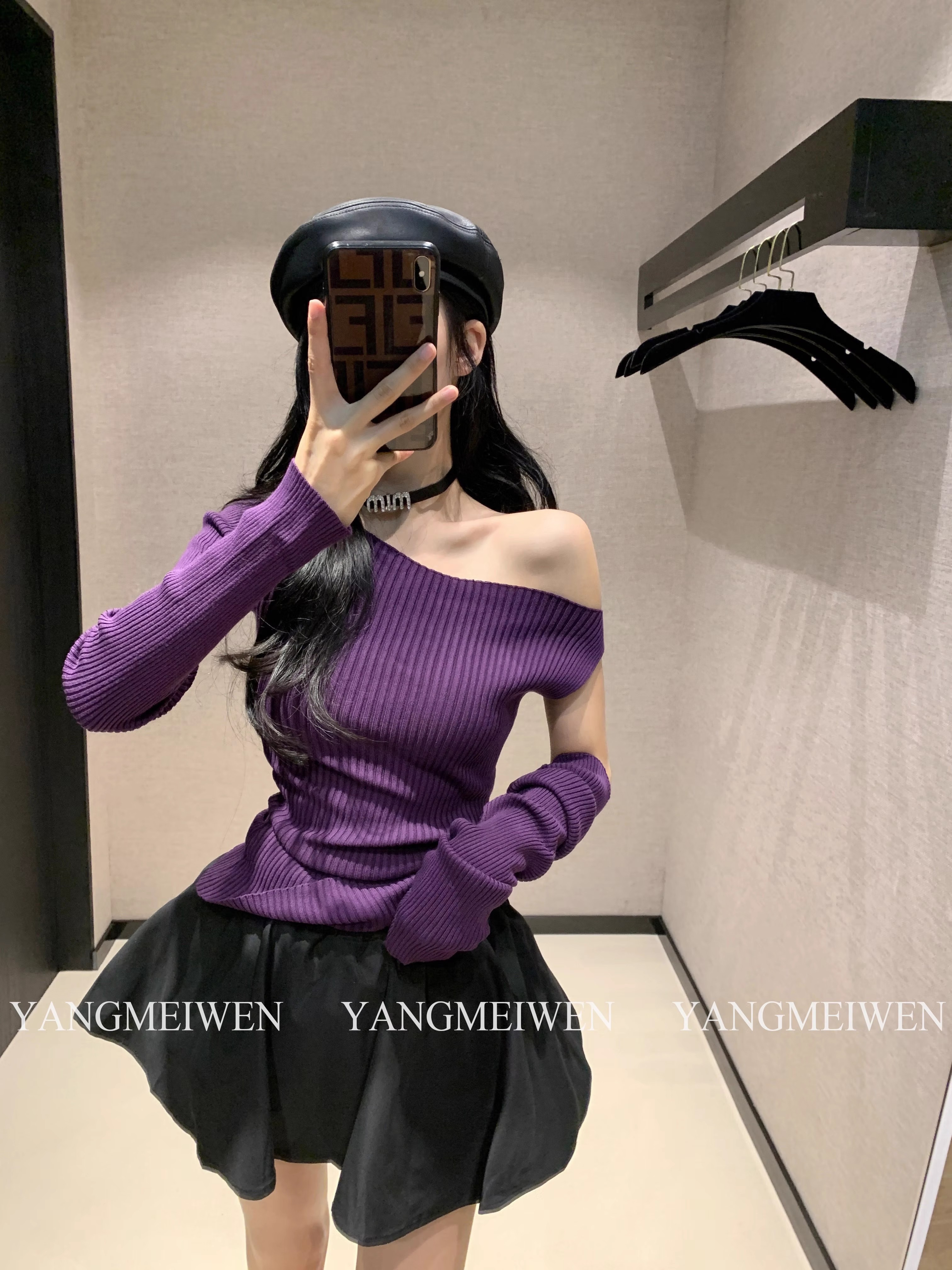 YANGMEIWEN 針織衫女秋裝新款2023年設計感修身顯瘦時尚露肩上衣