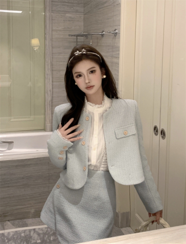 Real shot of miu sweet suit short style jacket embroidered shirt women autumn irregular skirt