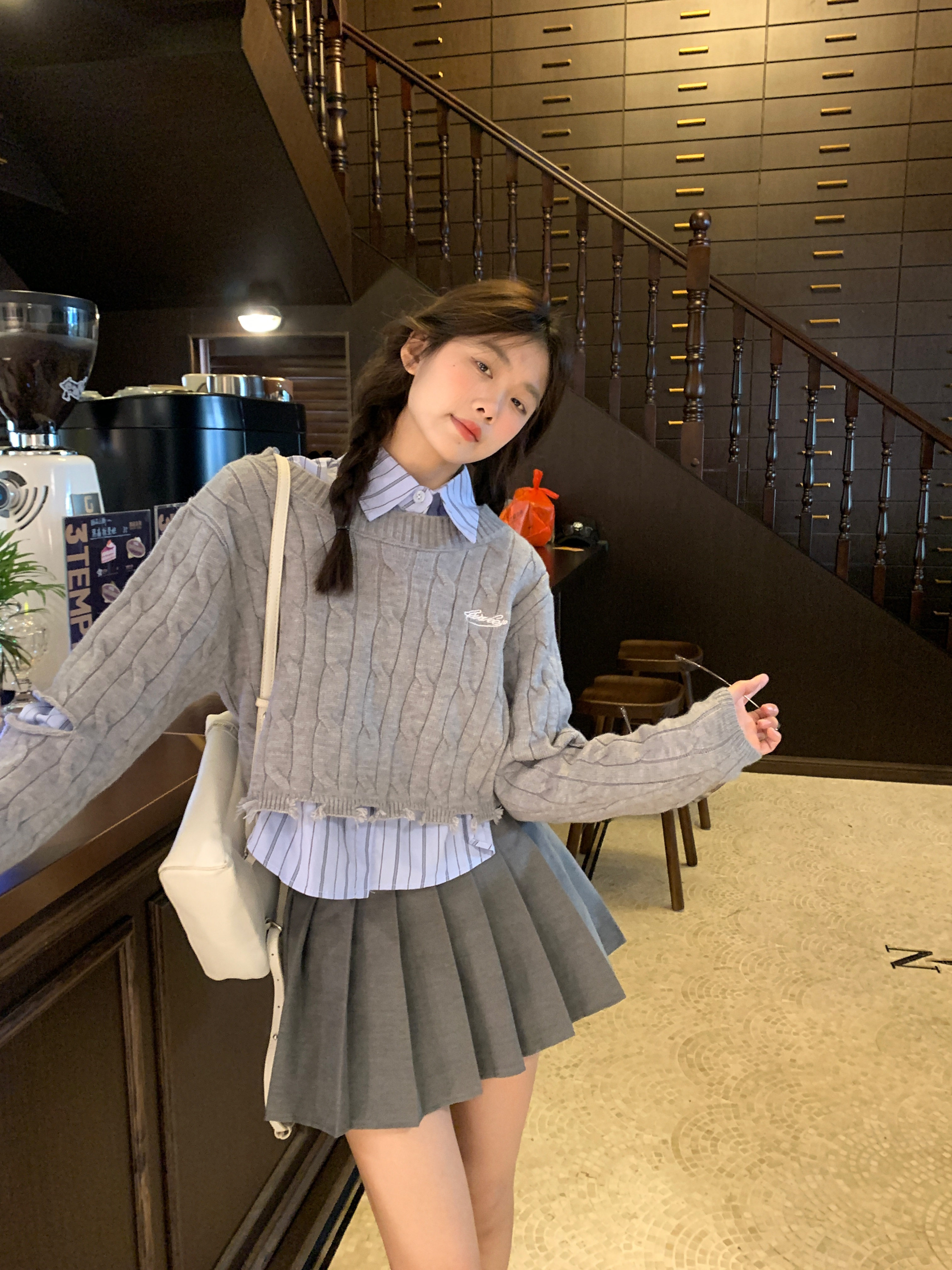Real shot suit college style letter embroidered hollow long-sleeved twist knitwear women's autumn loose top