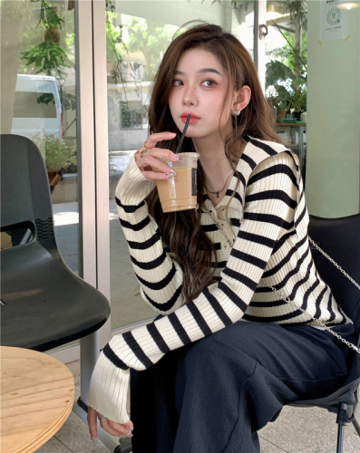 Real shot Autumn~2023 BIGYU same style lapel striped knitted long-sleeved pullover sweater for women