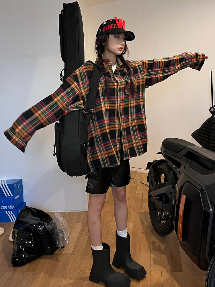 日系復古格子襯衫女秋季新款寬鬆撞色中長款長袖襯衣外套oversize