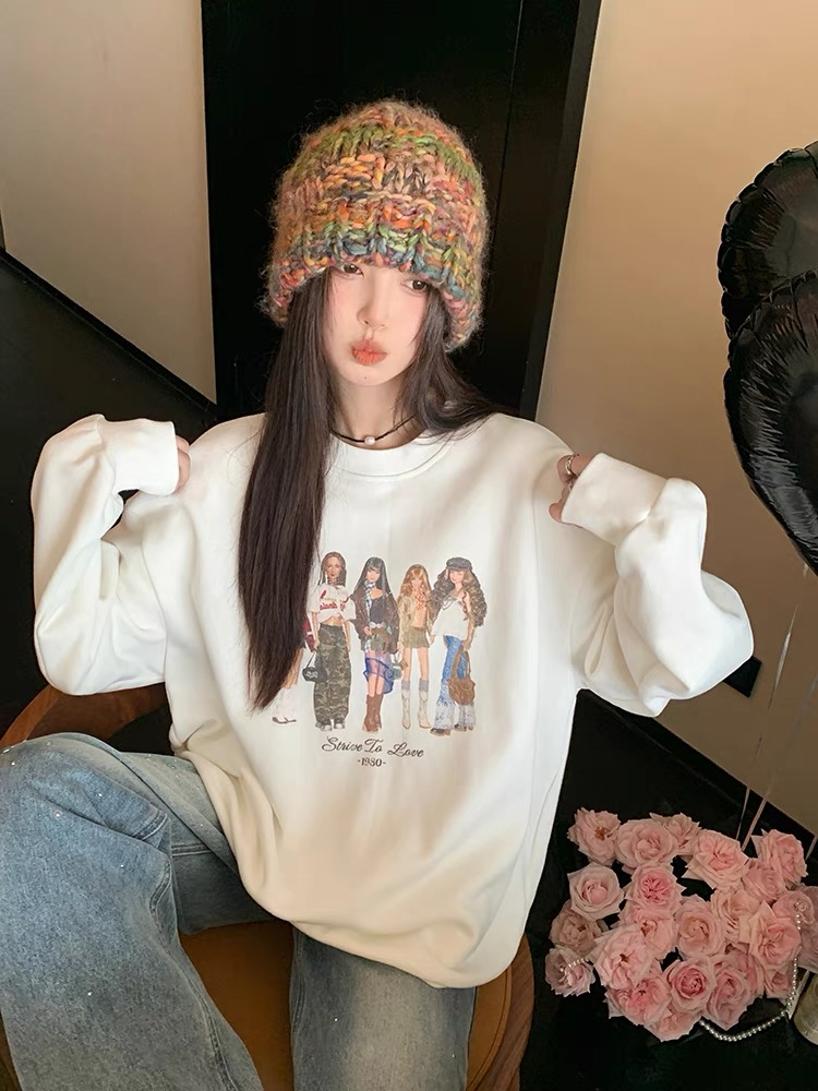 范智喬美式復古圓領衛衣女秋季小個子寬鬆顯瘦慵懶風oversize上衣