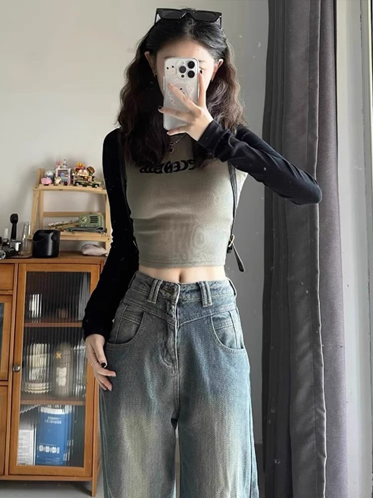 美式復古辣妹插肩袖長袖t恤女早秋季修身內搭打底衫純棉短款上衣