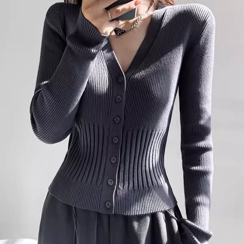 秋季新款簡約氣質V領單排扣長袖針織開衫女百搭顯瘦純色羊絨上衣