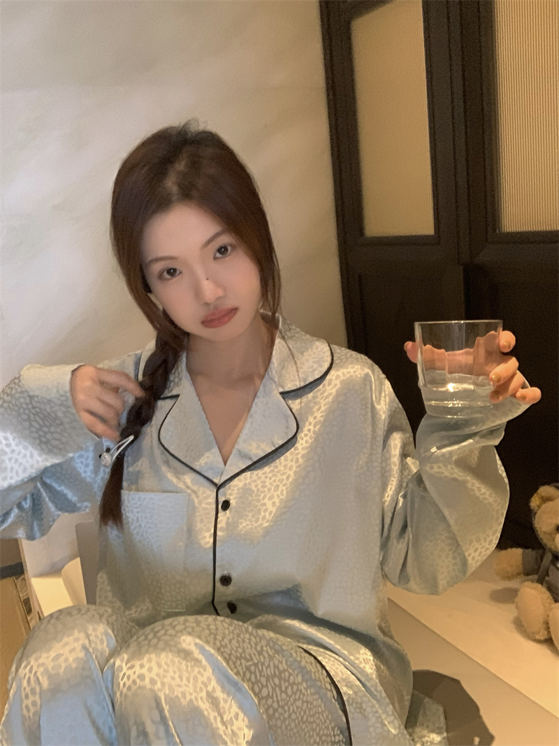 實拍~ 秋冬韓系蒂芙苾藍長袖兩件套真絲睡衣家居服套裝