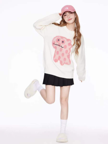 Cartoon Cute Bear  Autumn/Winter New Loose Matchmaking Couples Round Neck Long Sleeve Knit Top Sweater for Women