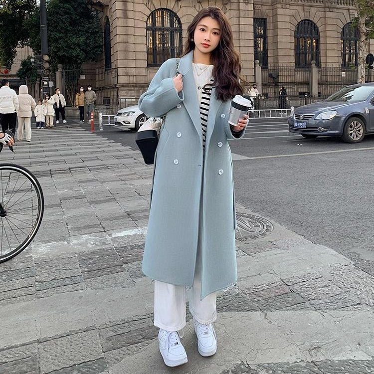 藍色赫本風毛呢大衣女2023年春秋新款韓版寬鬆中長款系帶毛呢外套