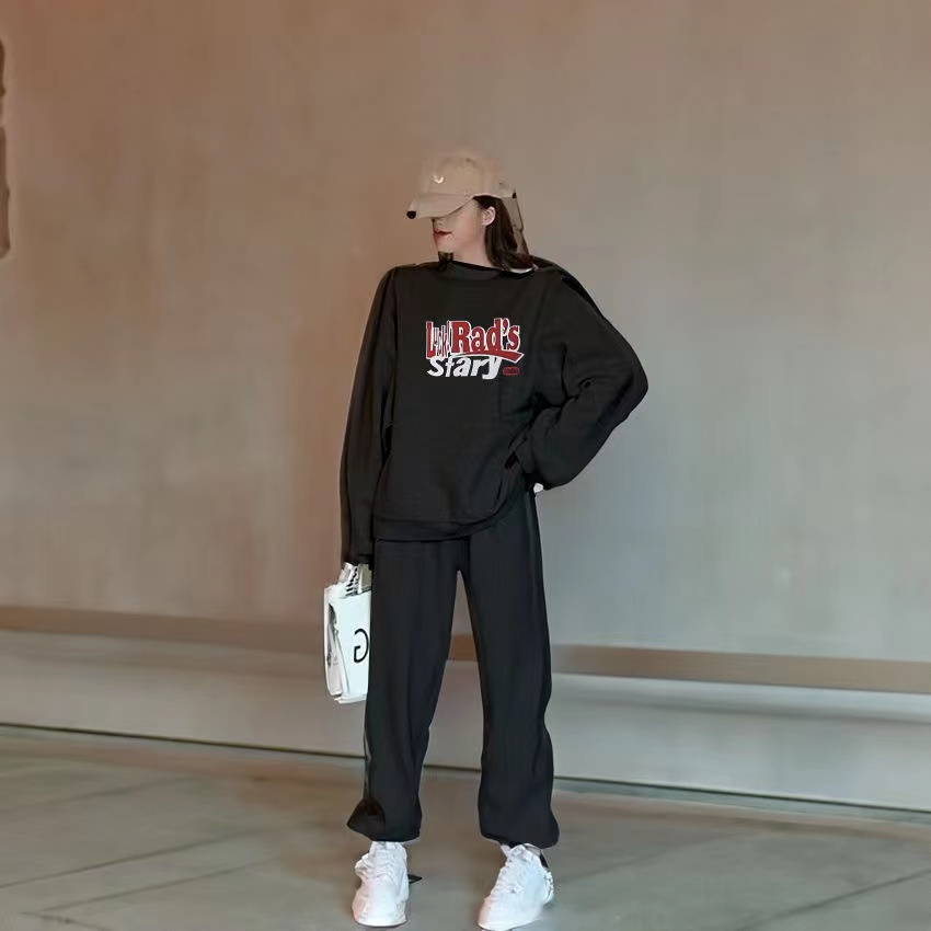 Suit women's loose casual fashion sportswear spring and autumn new letter printed sweatshirt long-sleeved two-piece set trendy