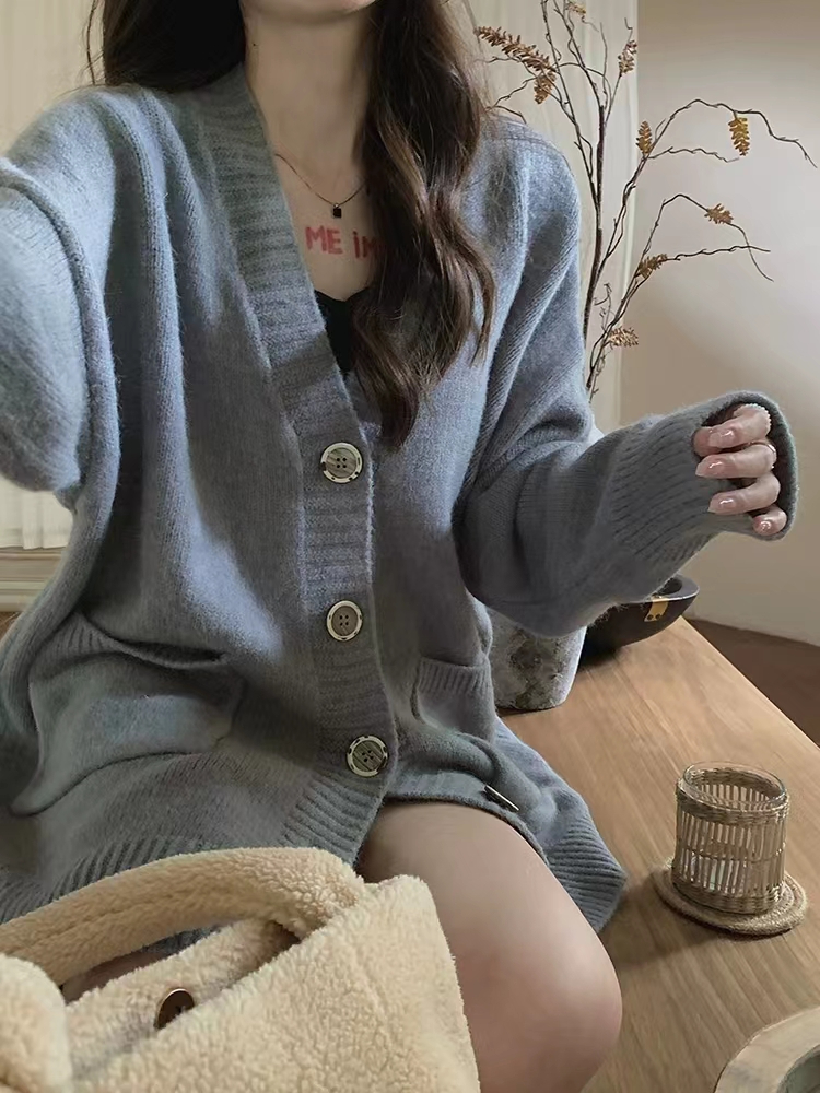 加厚V領中長款單排扣長袖針織開衫女秋冬新款寬鬆顯瘦毛衣外套潮