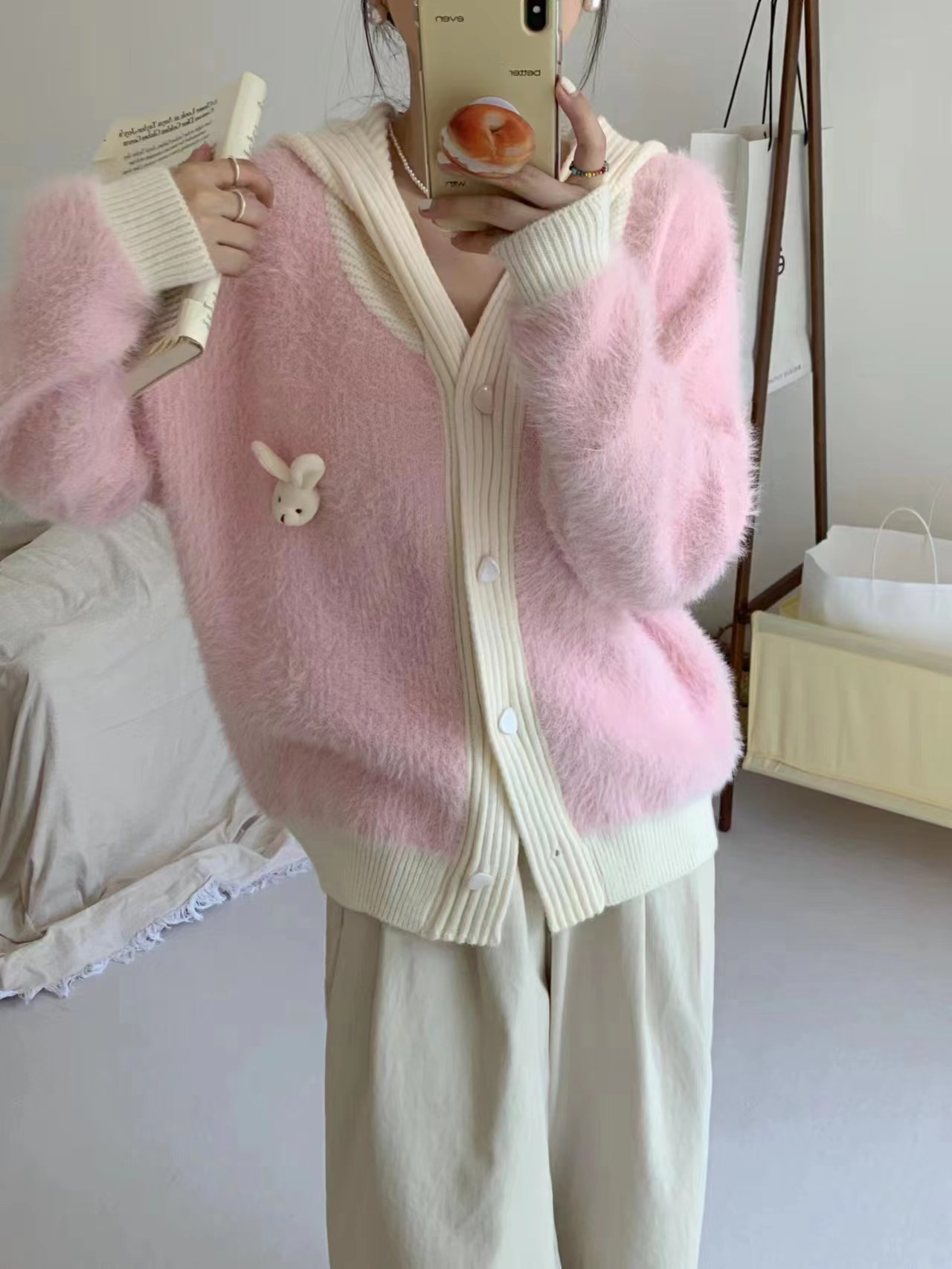 兔子 寬鬆設計感毛衣開衫女2023秋冬短款奶呼呼水貂絨針織外套潮