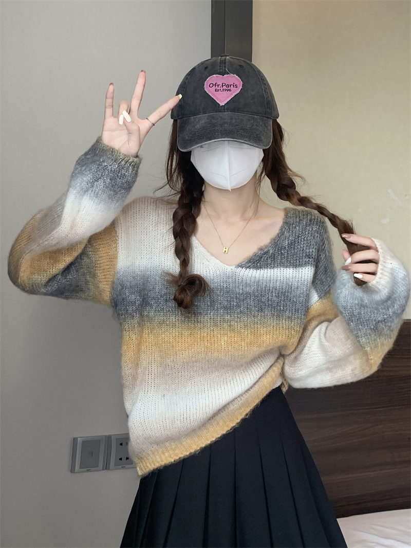 實拍 漸變長袖針織衫女秋季新款高級別致漂亮寬鬆慵懶毛衣上衣