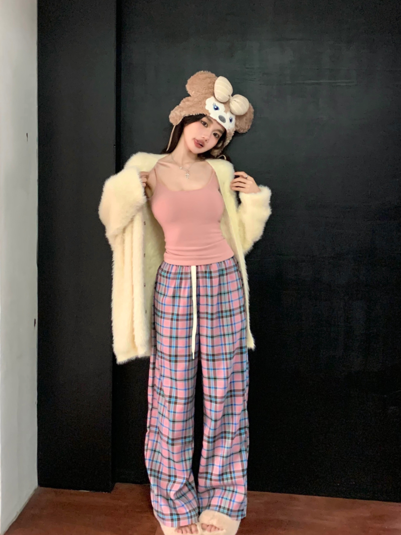 Actual shot of furry knitted cardigan, pure lust lazy style sweater jacket + pink wide-leg pants, loose and lazy set