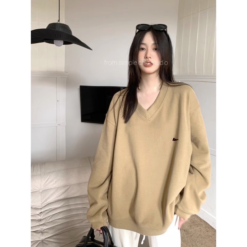慵懶風oversize套頭V領衛衣女秋季2023新款寬鬆小眾秋冬長袖上衣